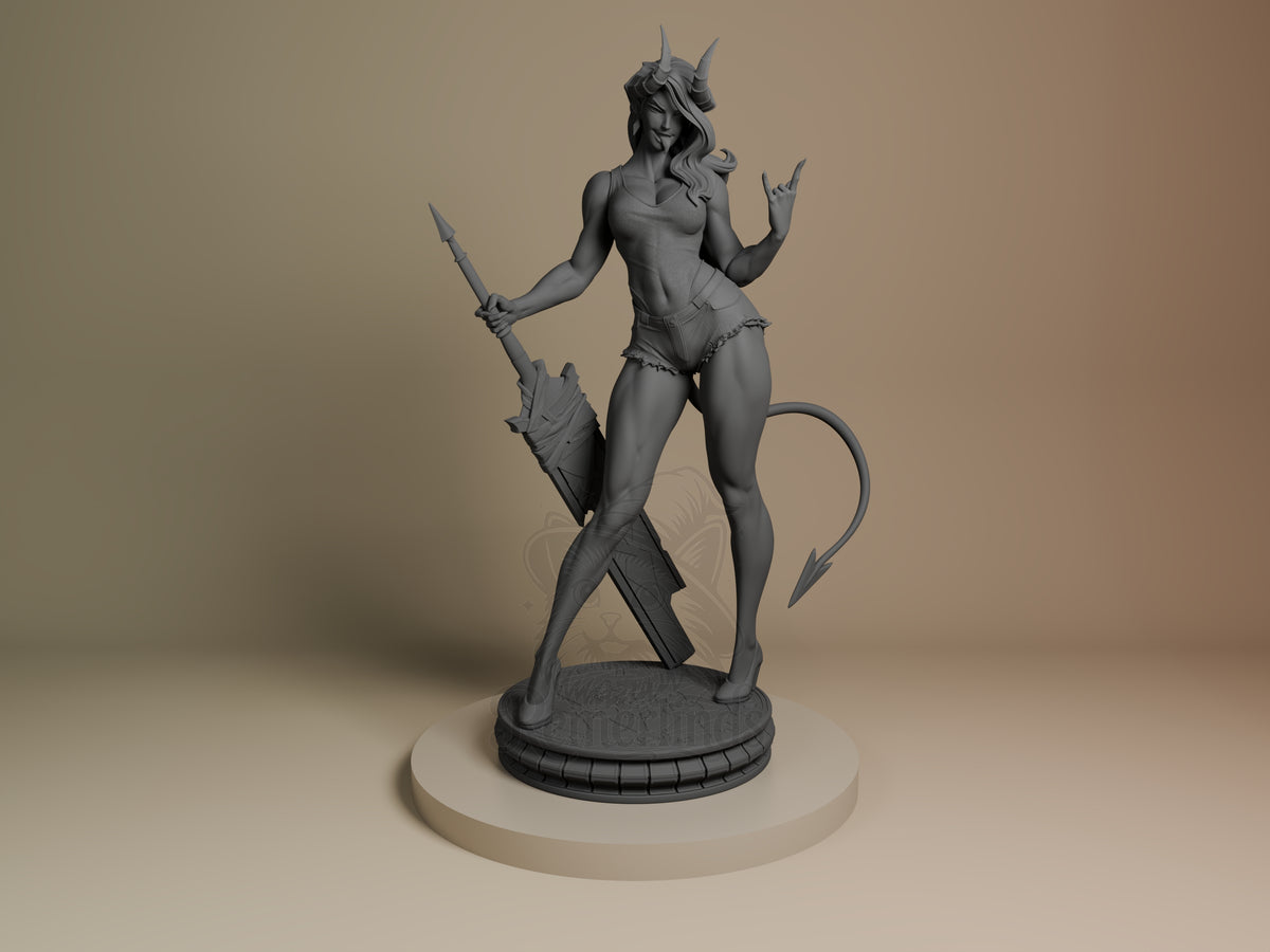 Malevola resin figure from Dispatch by Bulkamancer, unpainted gray, front view standing on base with horns, tail, and weapon props.