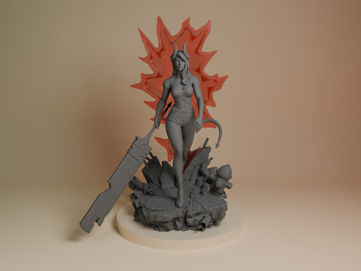 Mistress Malvora Shadow Courier 3D printed resin figure by Nomnom, unpainted front view. The figure depicts Mistress Malvora standing confidently on a detailed base of cracked ground and urban debris. She holds a massive oversized sword in one hand while her devil-like tail curls behind her. Small horns protrude from her head, and a striking jagged red energy effect rises behind her, adding a dynamic and menacing flair to the composition.