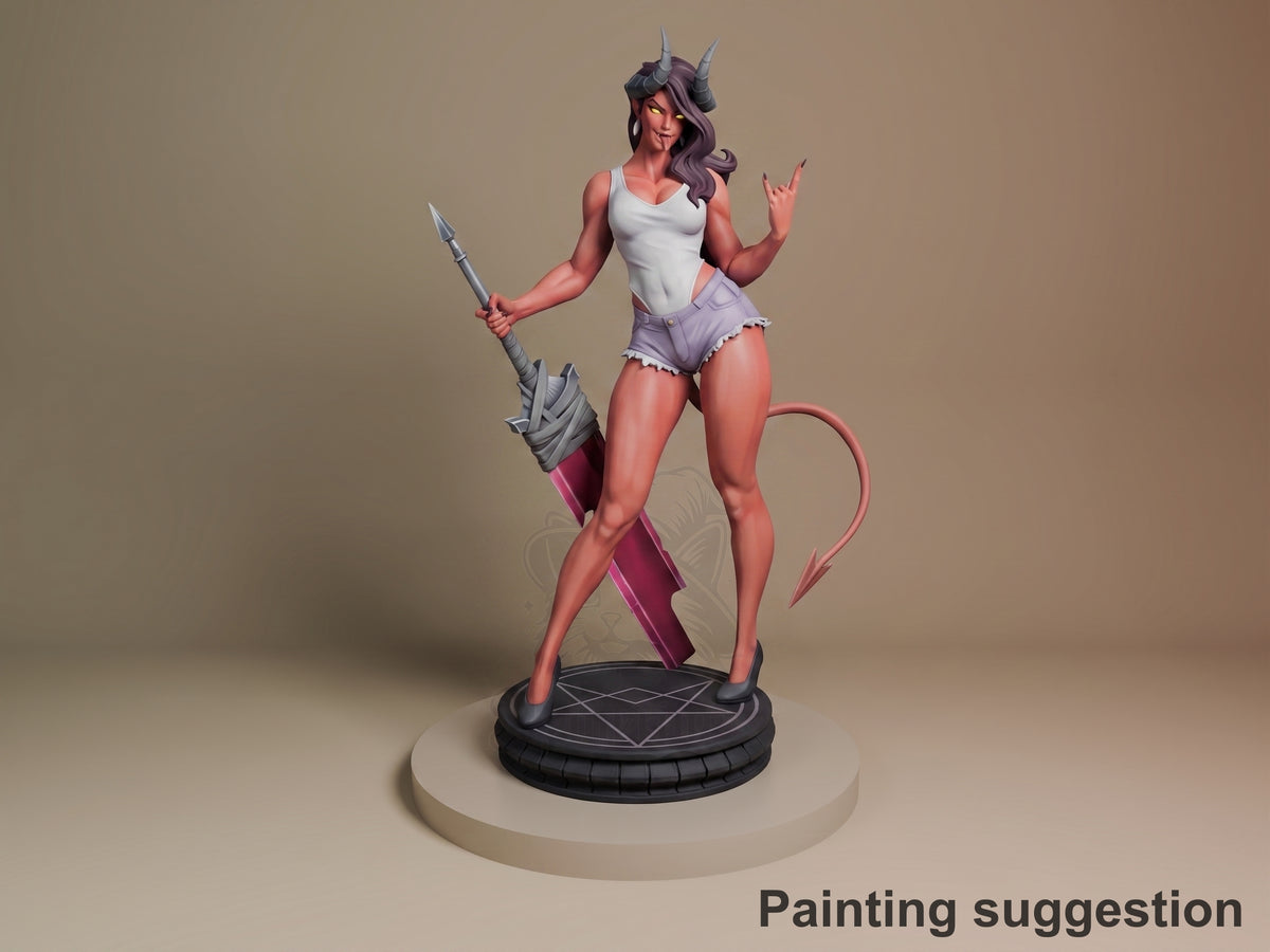Malevola from Dispatch resin figure shown painted in three-quarter view, holding staff and trident, standing on detailed base with horns and tail visible.