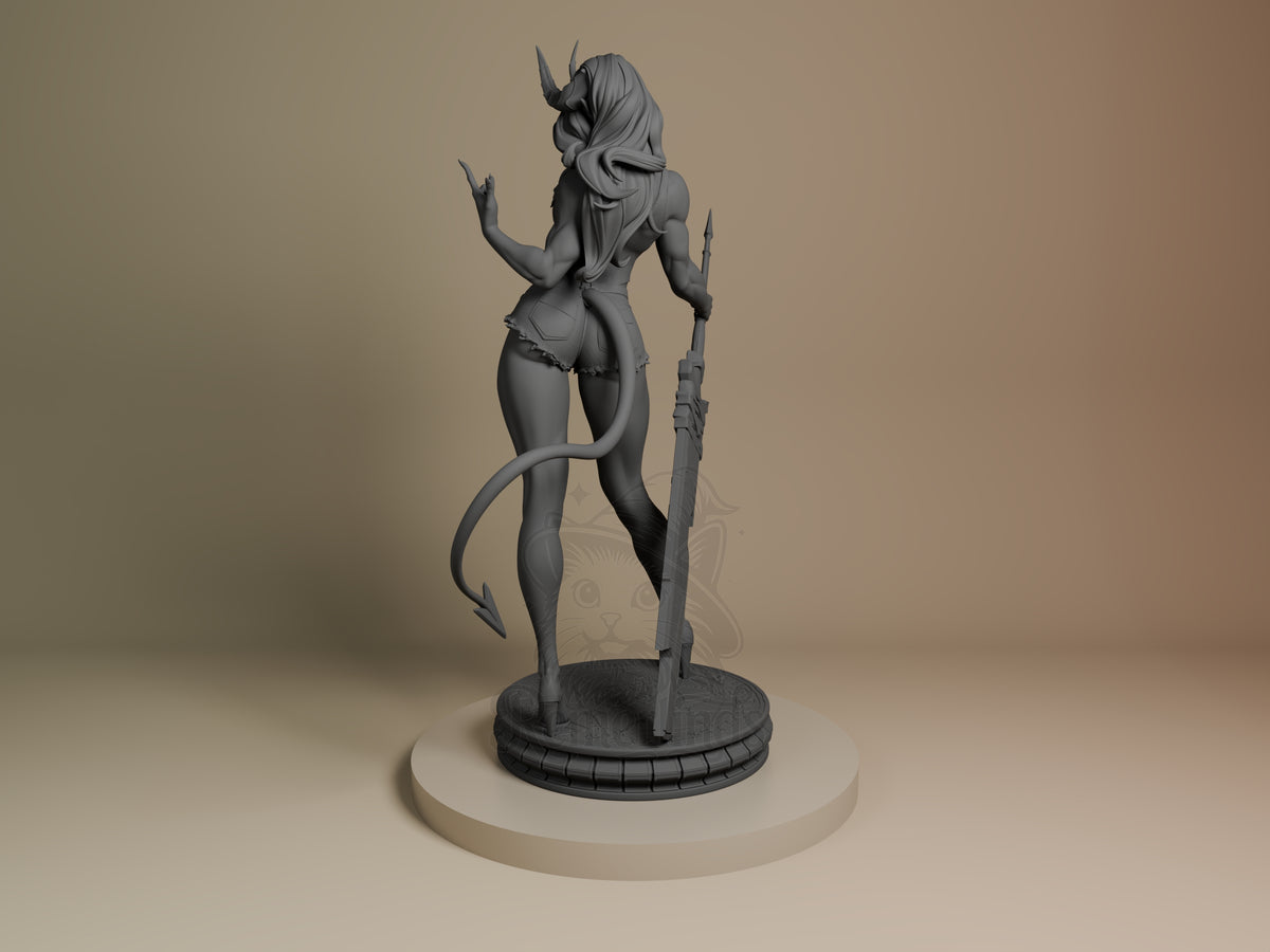 Malevola resin figure from Dispatch by Bulkamancer, unpainted gray, shown from left side in dynamic pose with staff and tail on circular base.