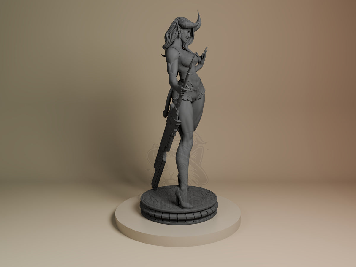 Malevola resin figure from Dispatch by Bulkamancer, shown from the right side standing on a textured base, unpainted gray finish, holding a large weapon.