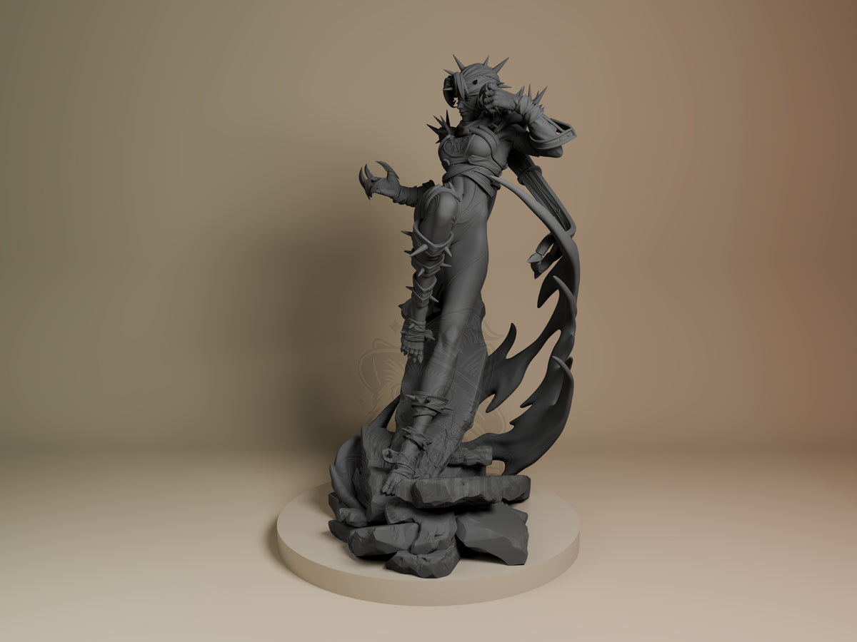 Dark Villain resin figure from Super Rivals shown at angle, unpainted gray finish, dynamic pose on textured base with spiky armor and large blade weapon.