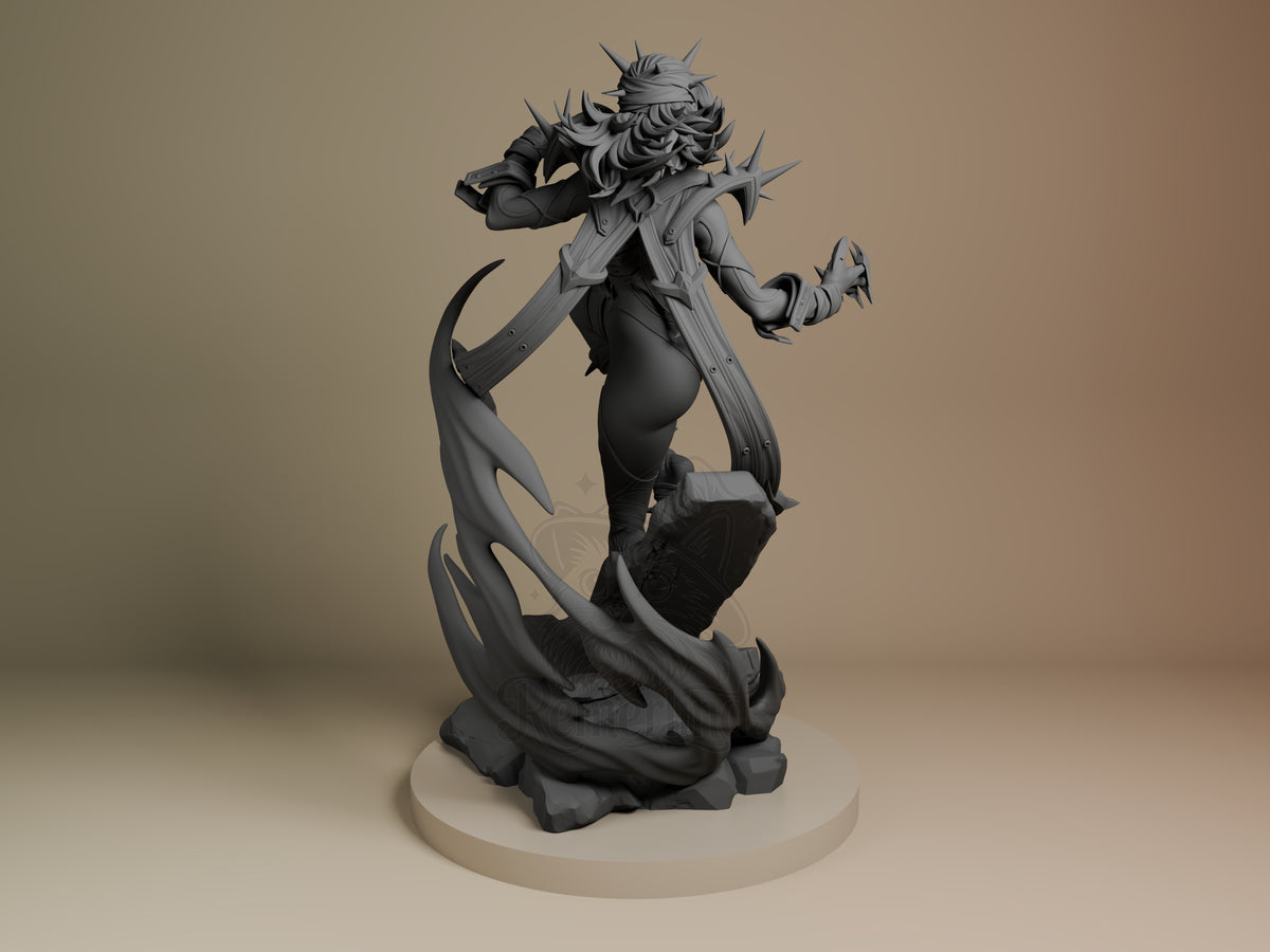 Dark Villain resin figure from Super Rivals shown from back angle, unpainted grey with spiky hair, flowing cape, clawed hands, on cream base.