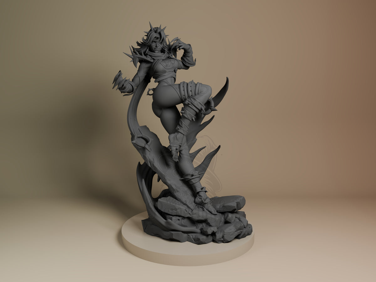 Dark Villain resin figure from Super Rivals shown from front angle, unpainted gray with spiky hair, armored torso, and curved tail base on white platform.