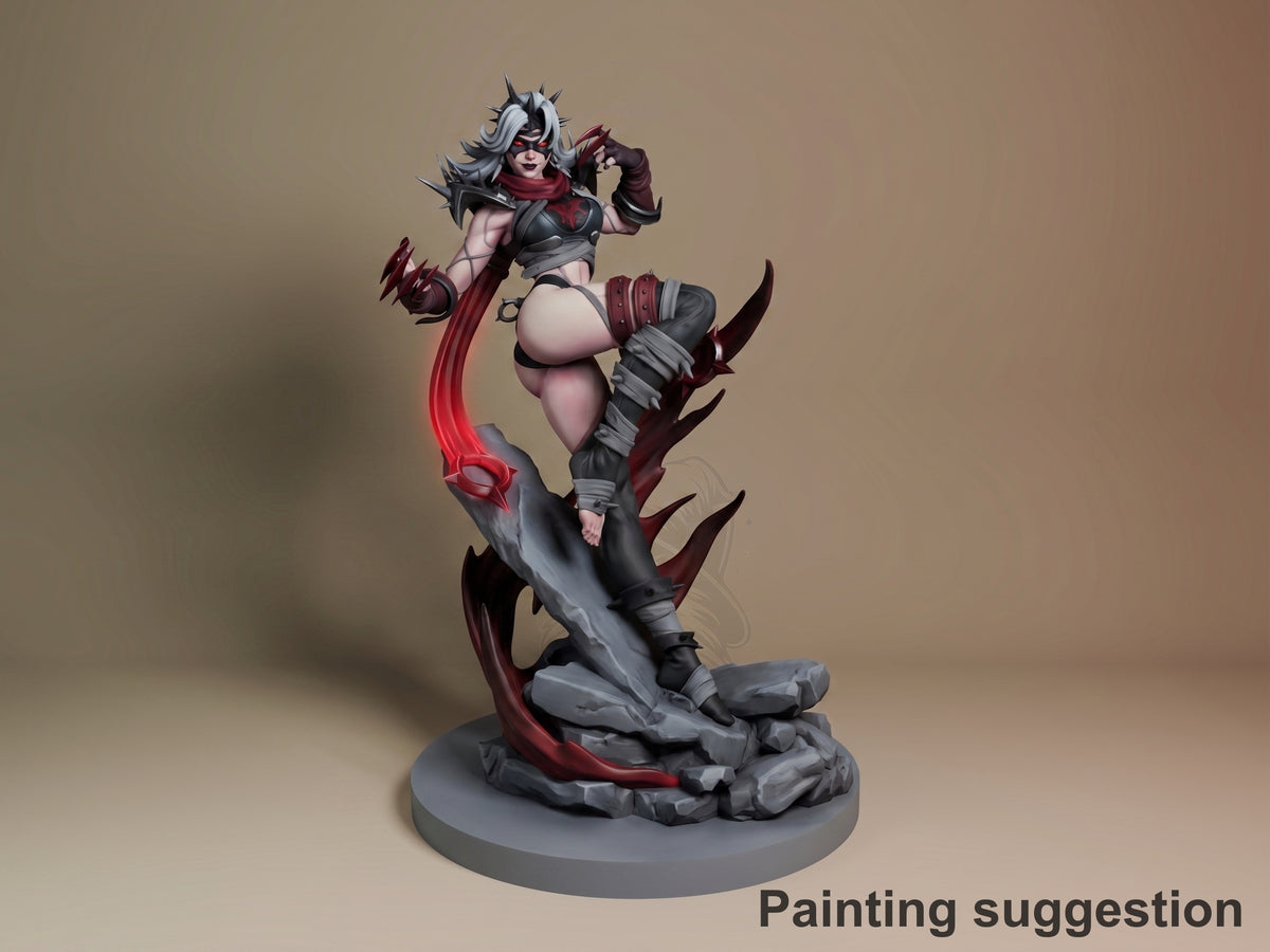 Dark Villain resin figure from Super Rivals in dynamic pose on rocky base, painted in red and gray tones with detailed armor and spiky hair.