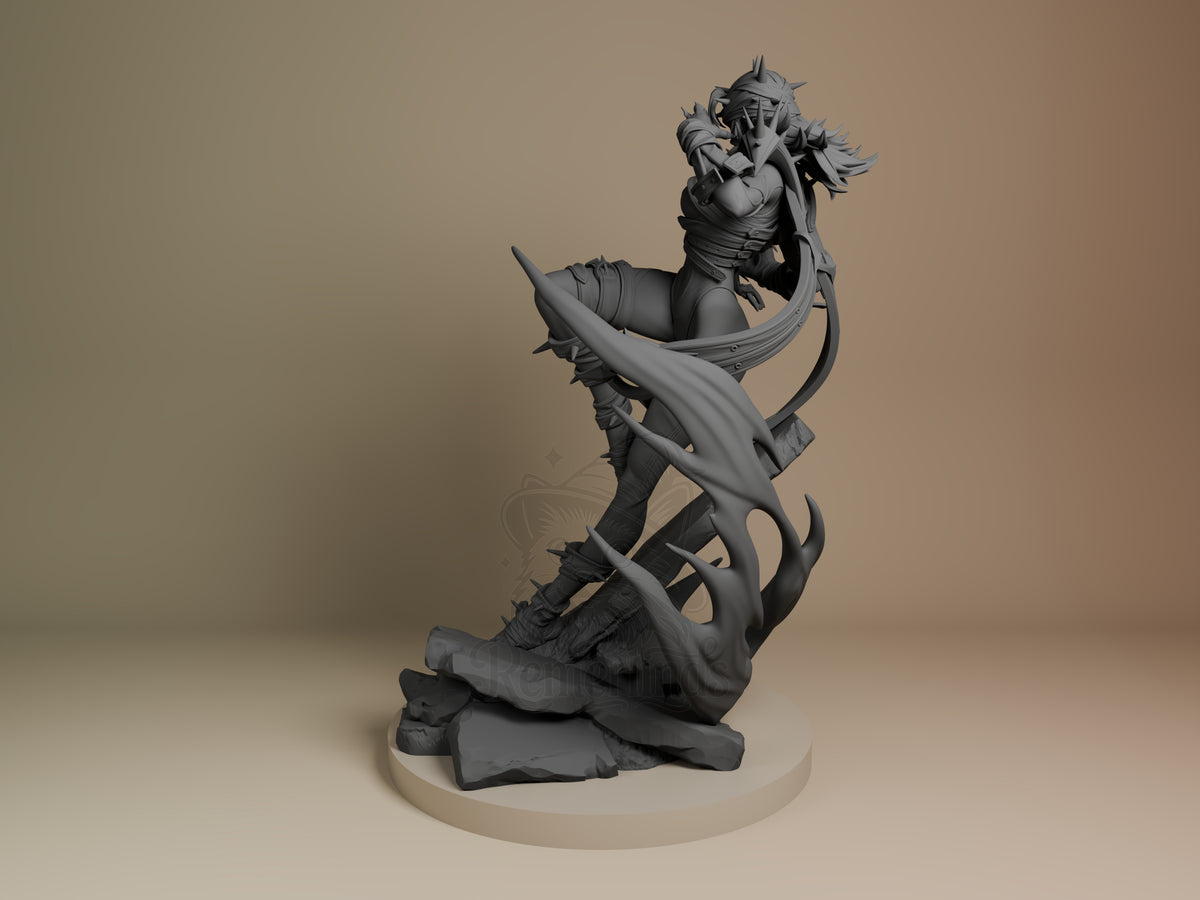 Dark Villain resin figure from Super Rivals shown from left angle in dynamic upward pose with flowing cape and spiky features on cream base.
