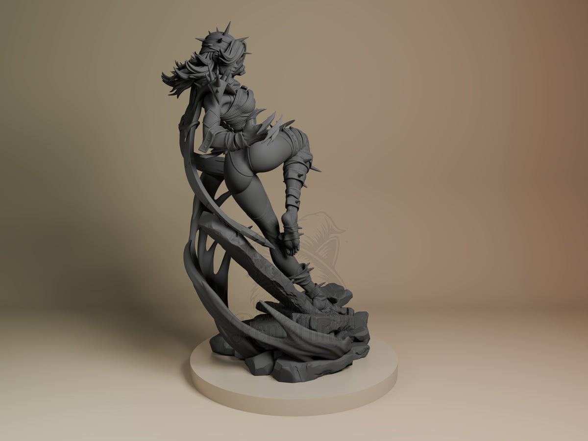 Dark Villain resin figure from Super Rivals shown from right angle, unpainted gray, dynamic pose on themed base, detailed spiky armor and flowing cape.