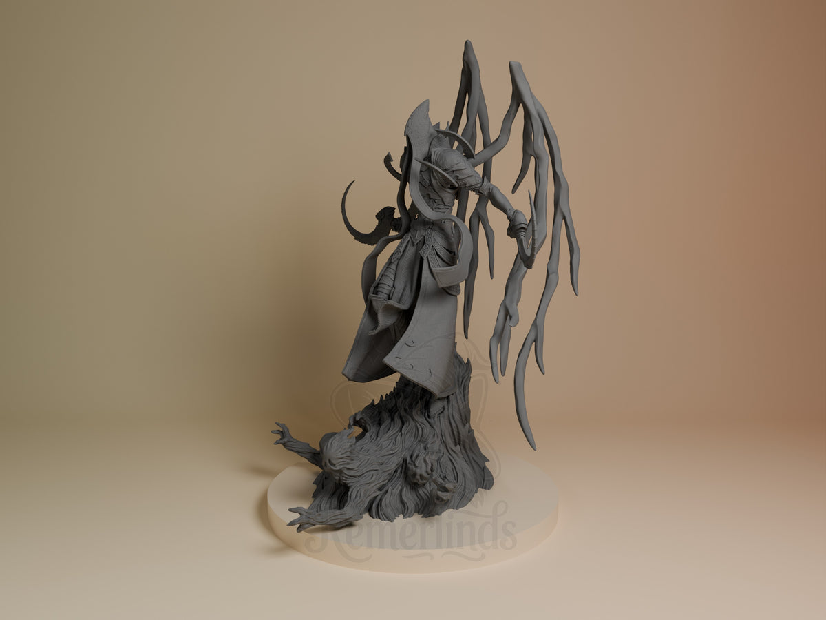 Malthael resin figure from Diablo shown at angle, displaying unpainted gray form with detailed wings, horns, and flowing robes on cream base.