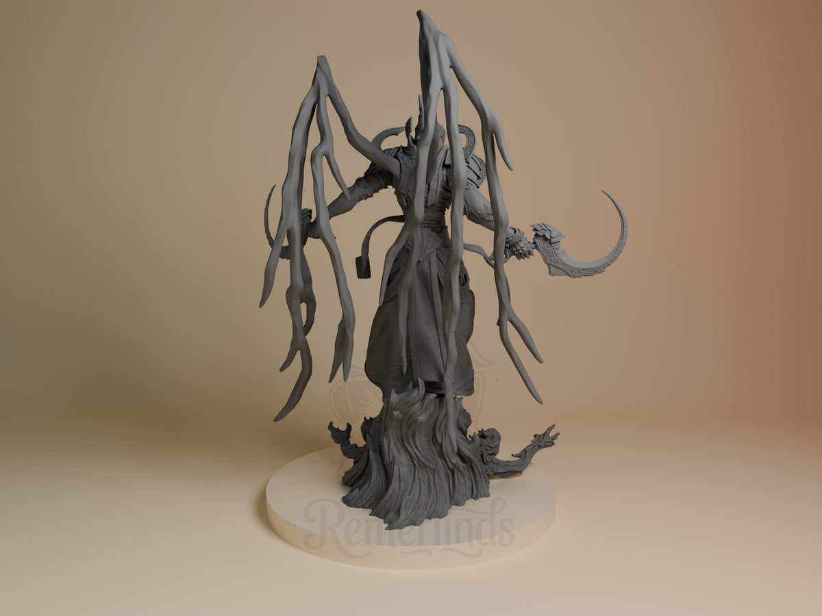 Malthael resin figure from Diablo shown from behind, displaying detailed wing structures and flowing robes on a cream base.