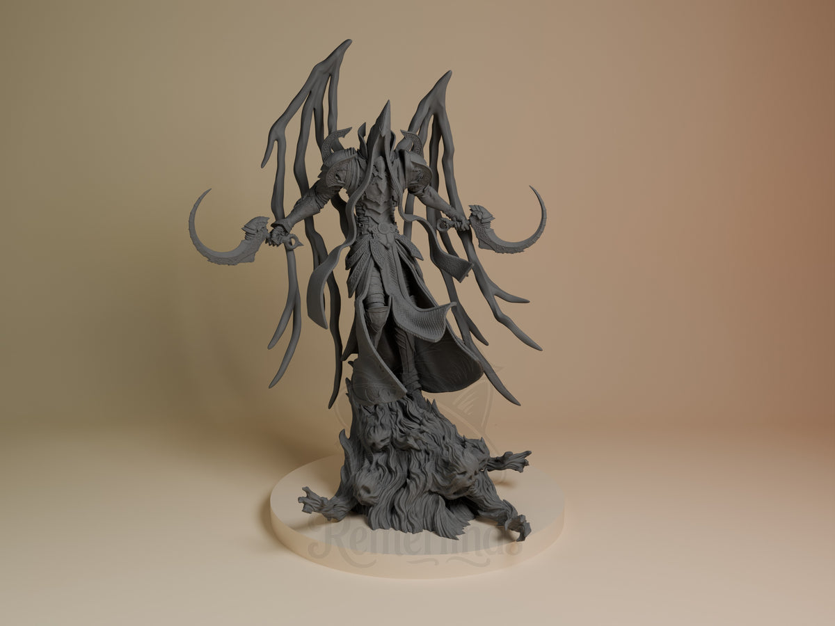 Malthael resin figure from Diablo shown front-facing on cream base, displaying skeletal form with flowing robes, multiple curved blades, and unpainted gray finish.