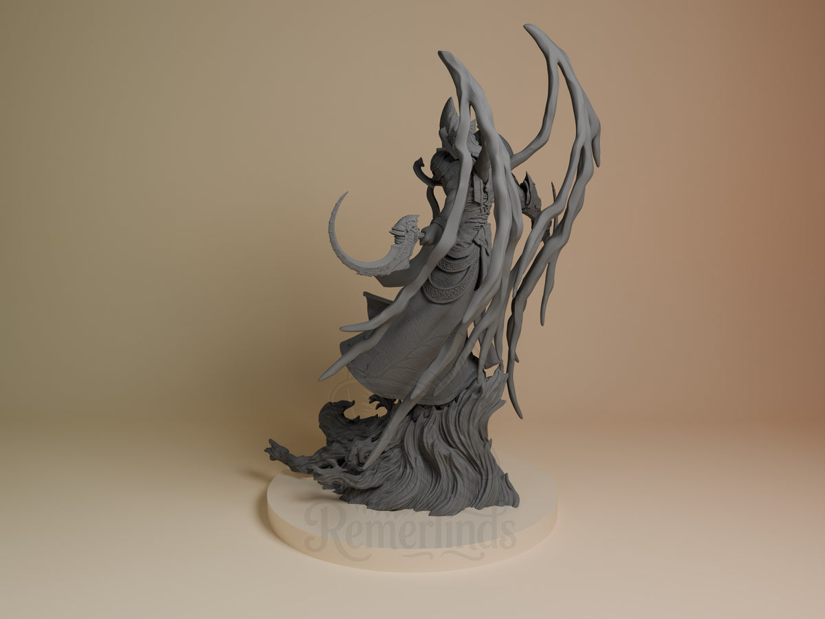 Malthael resin figure from Diablo shown from left angle, unpainted gray, displaying massive curved horns and flowing robes on cream base.