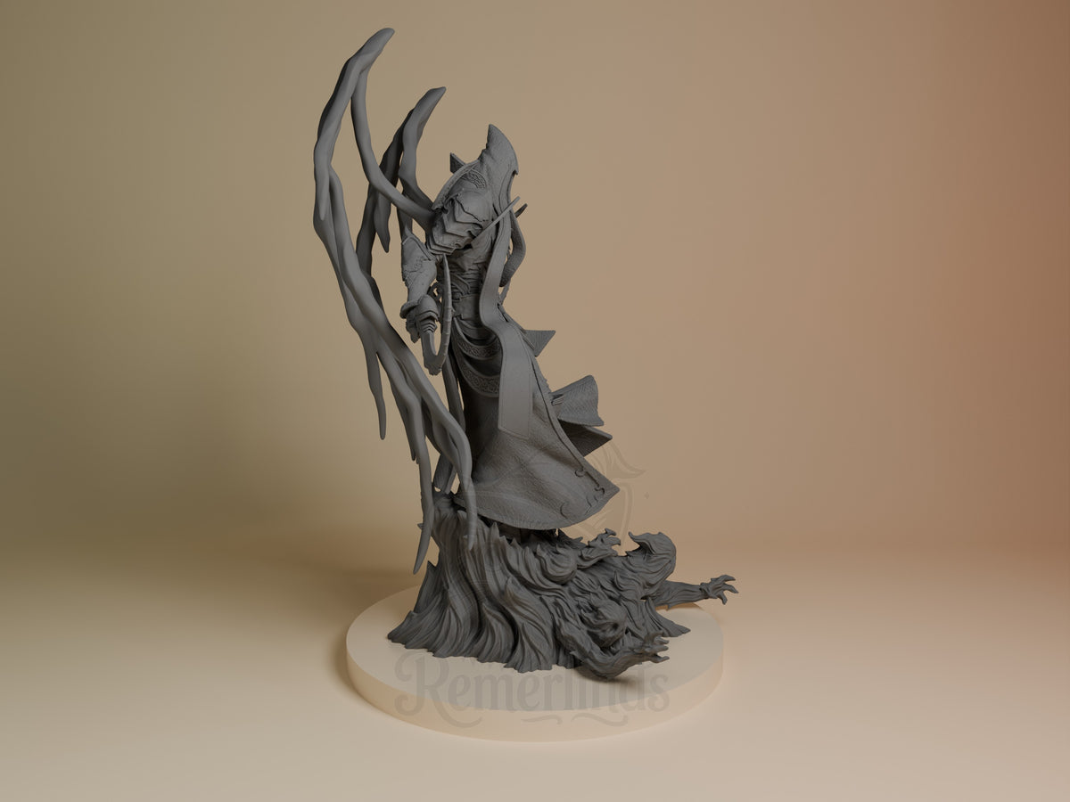 Malthael resin figure from Diablo shown from the right side, unpainted gray resin, standing on round base with detailed wing and robe sculpting.