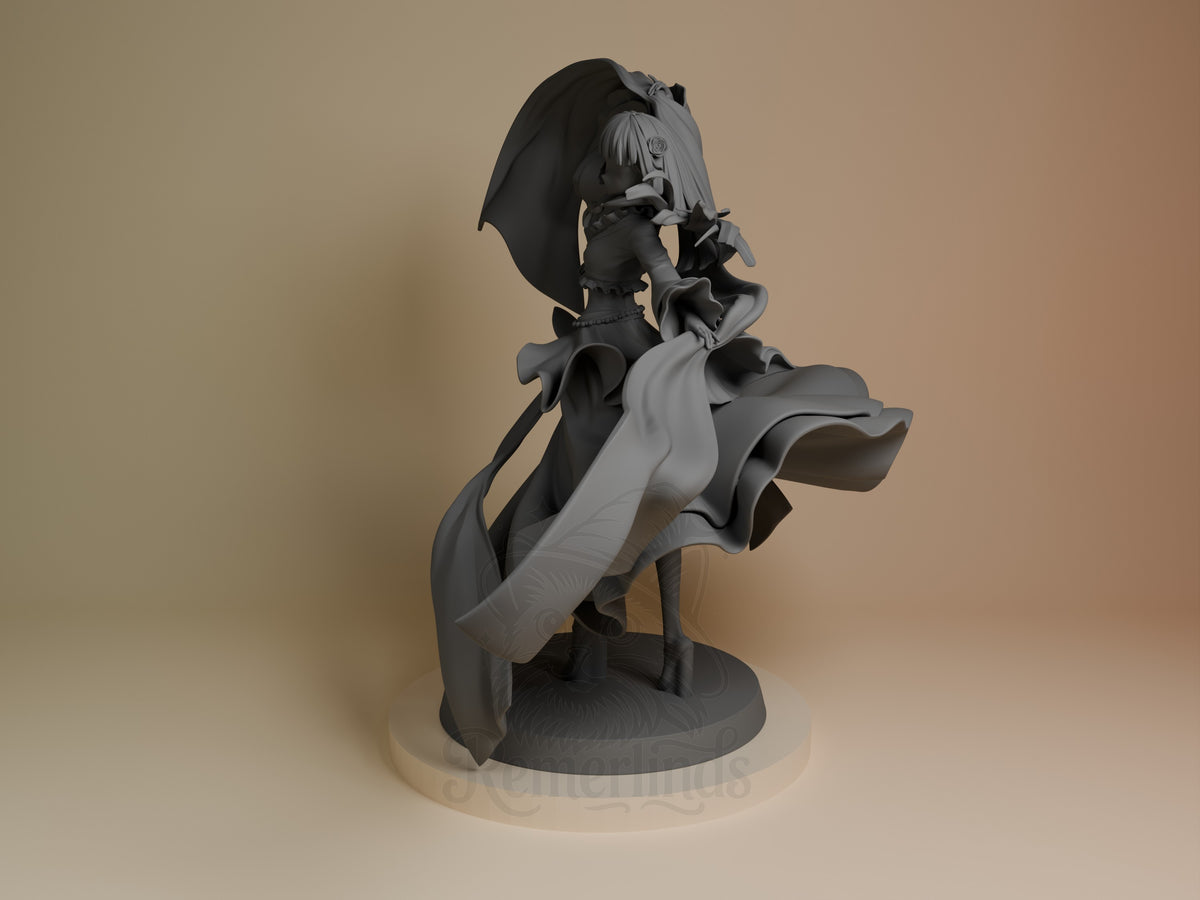 Maomao resin figure from Apothecary Diaries in dynamic pose with flowing fabric, unpainted gray finish, circular base, angled three-quarter view by Bulkamancer.