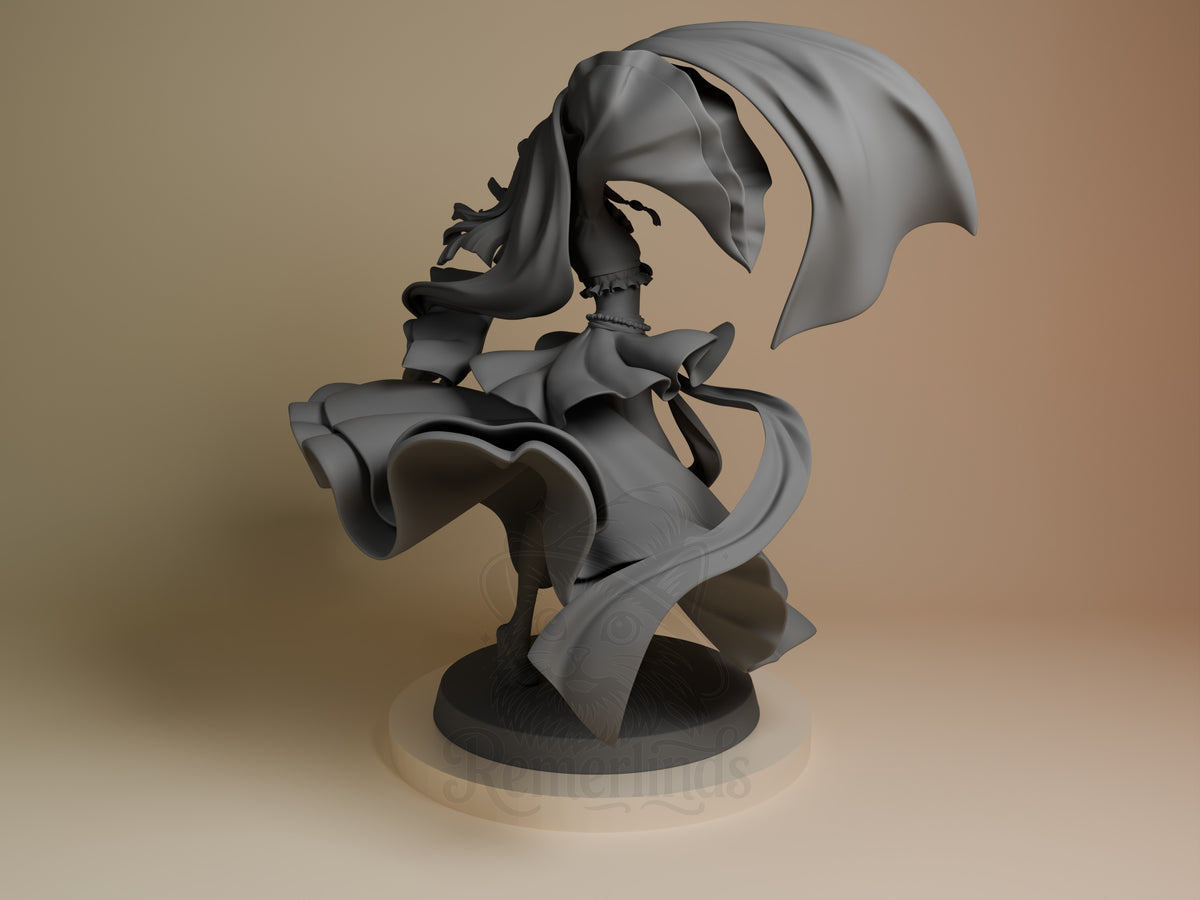 Maomao resin figure from Apothecary Diaries shown from behind, displaying flowing robes and hair detail, unpainted gray resin on circular base.