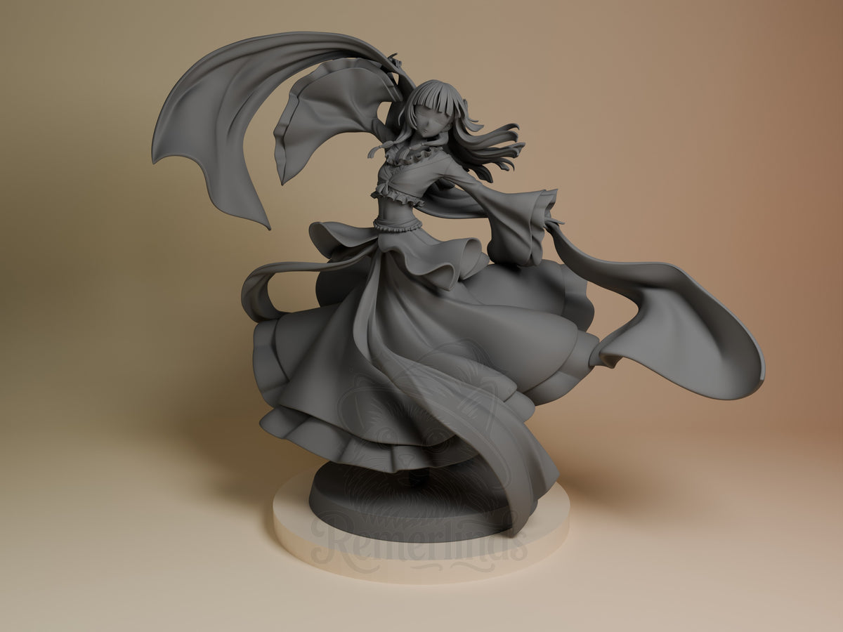 Maomao resin figure from Apothecary Diaries shown from front, unpainted gray with flowing robes and hair ornaments on cream base.