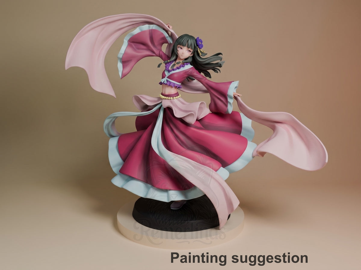Maomao resin figure in magenta and pink robes with flowing fabrics, black hair with purple accessory, posed dynamically on black base, fully painted.