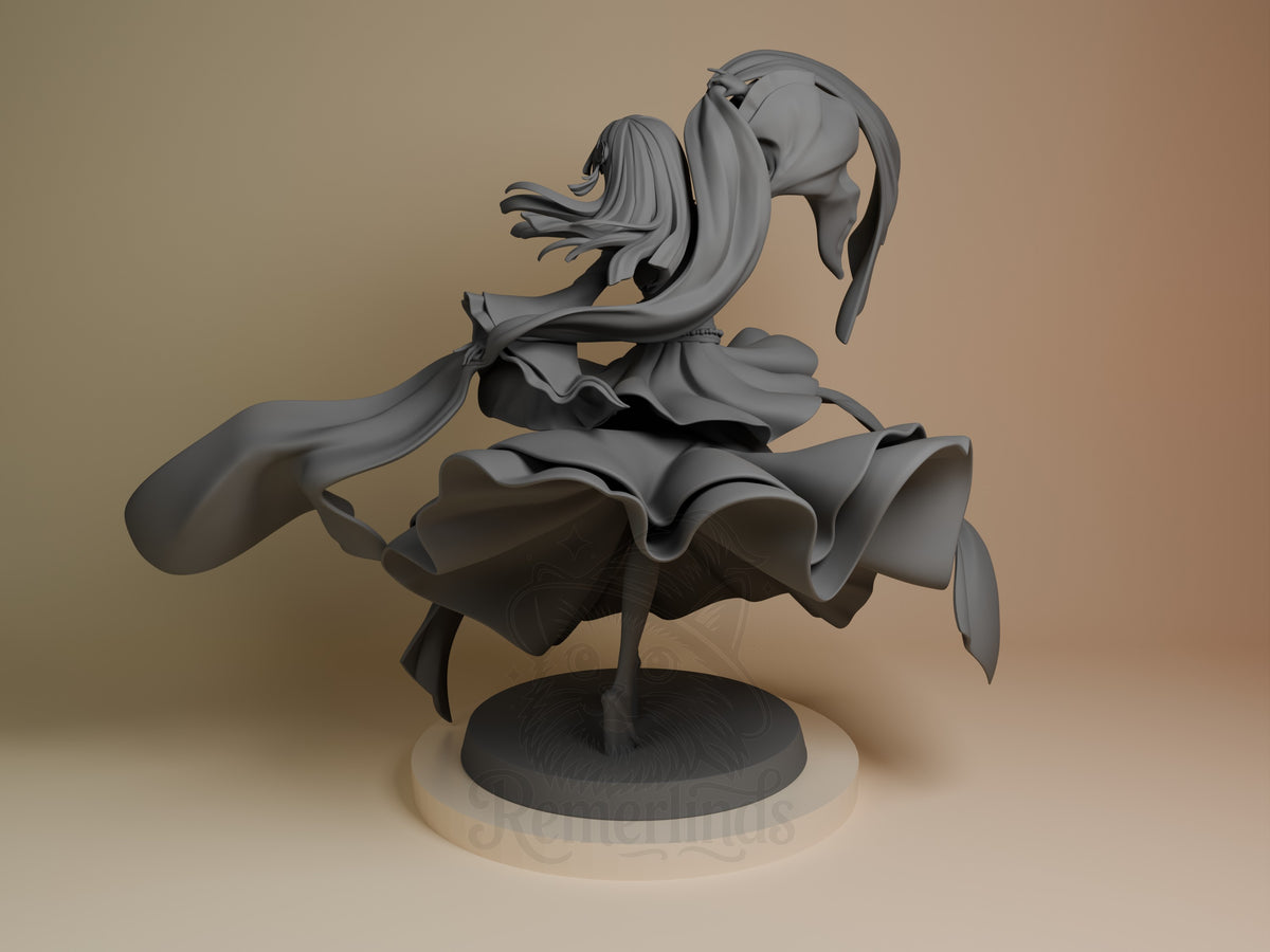 Maomao resin figure from Apothecary Diaries in dynamic pose, unpainted gray, showing flowing hair and clothing details on circular base.