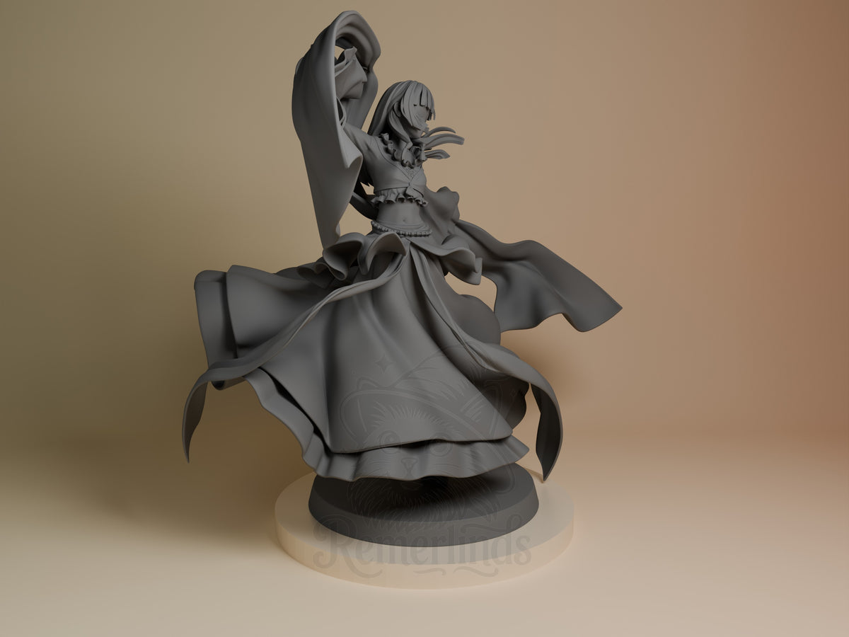 Maomao from Apothecary Diaries resin figure in grey primer, shown from right angle with flowing robes and dynamic pose on circular base.
