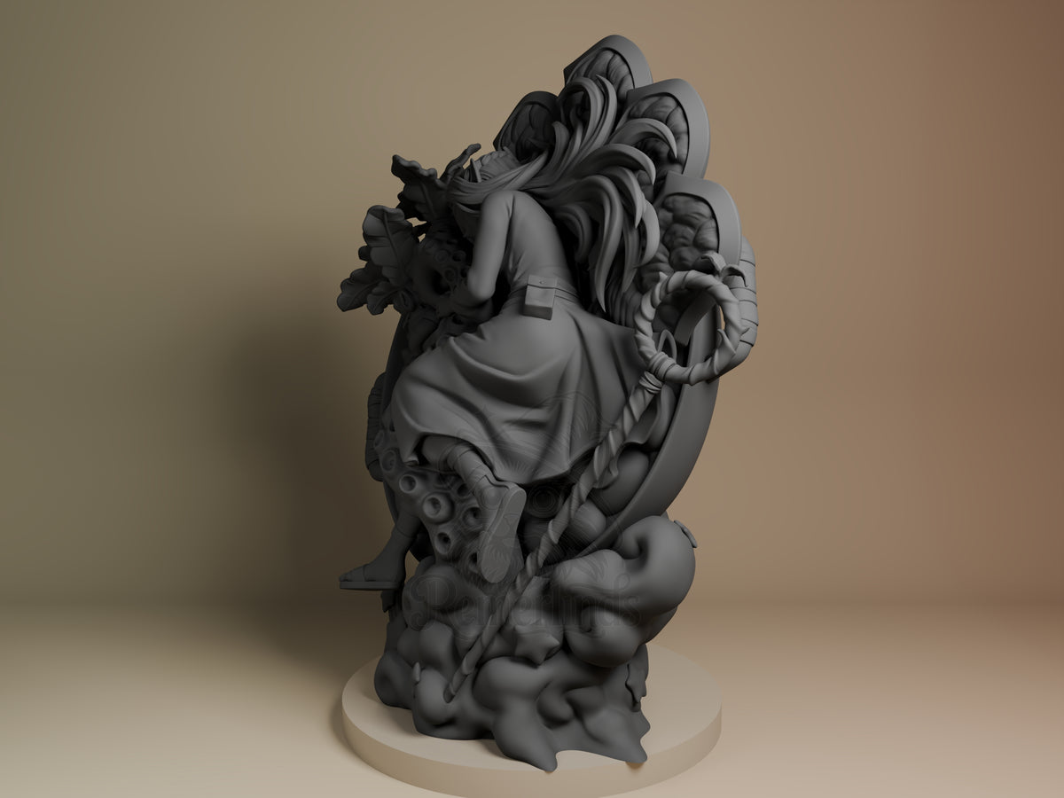 Marcille from Delicious in Dungeon is an unpainted resin figure seated on a sculpted base, rear view.