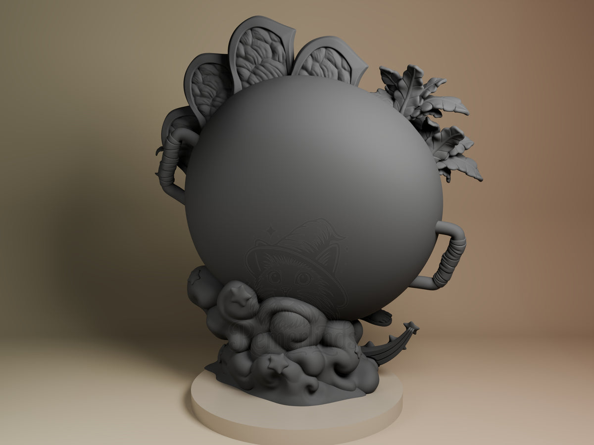 Back view of Marcille from Delicious in Dungeon, an unpainted resin figure with leafy details on a round base.