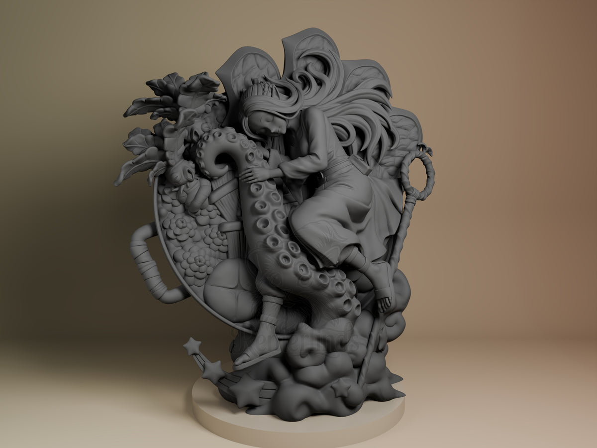 Front view of unpainted Marcille from Delicious in Dungeon, a resin figure embracing a tentacled creature on a sculpted base.