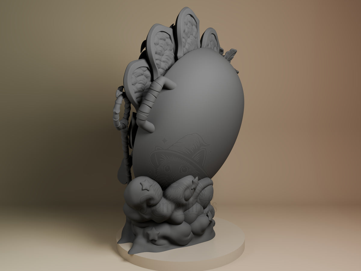 Unpainted resin figure of Marcille from Delicious in Dungeon, rear view showing shield and base.