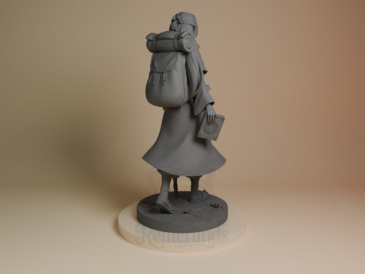 Marcille resin figure from Delicious in Dungeon shown from behind, displaying backpack and flowing cloak on circular base.