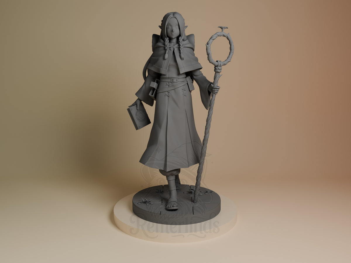 Marcille resin figure from Delicious in Dungeon, front view, unpainted gray, holding staff and tome, wide-collar outfit, circular base.