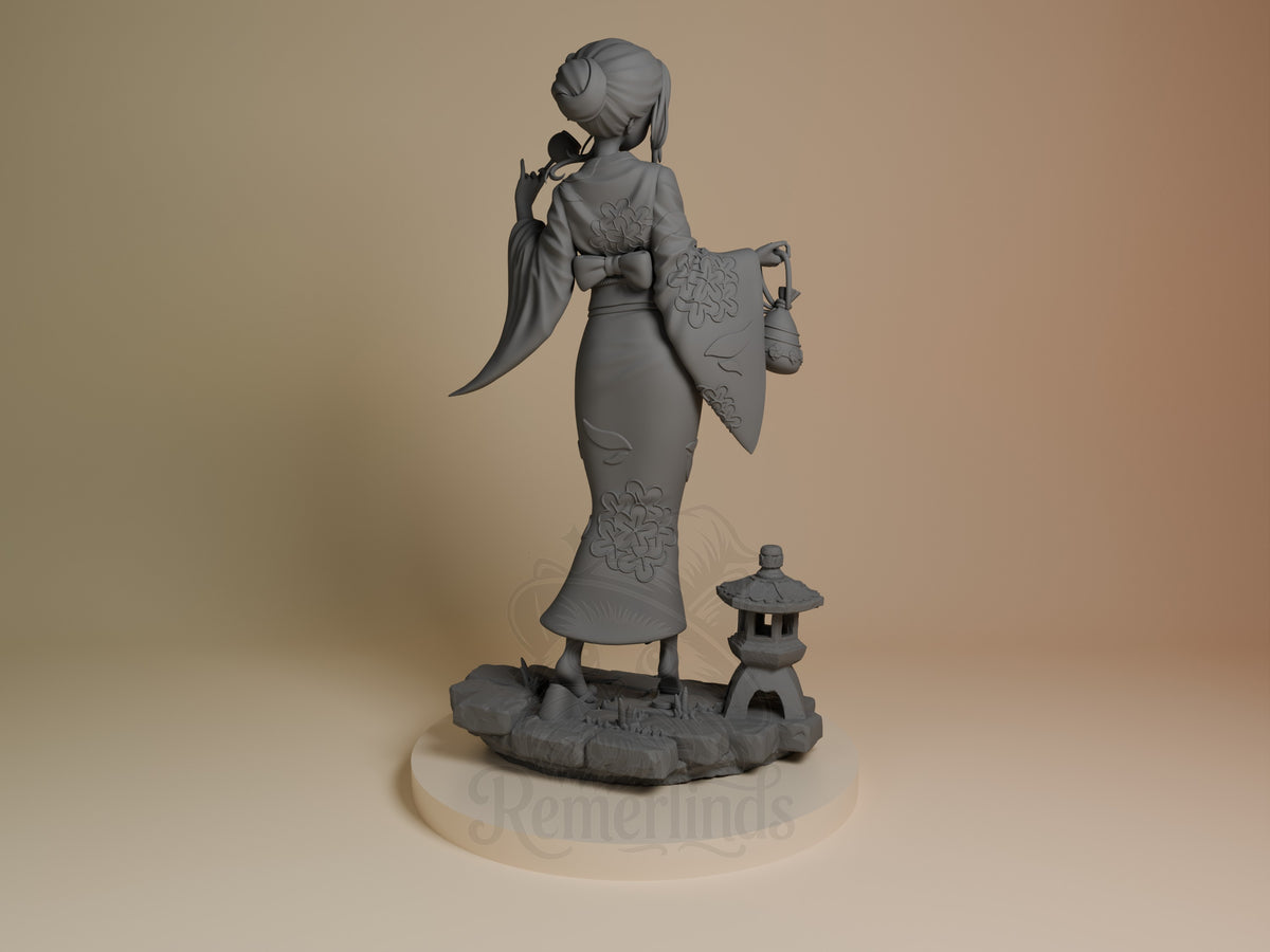 Back view of Marin Kiragawa from Dress Up Darling, an unpainted resin figure with a lantern on a sculpted base.
