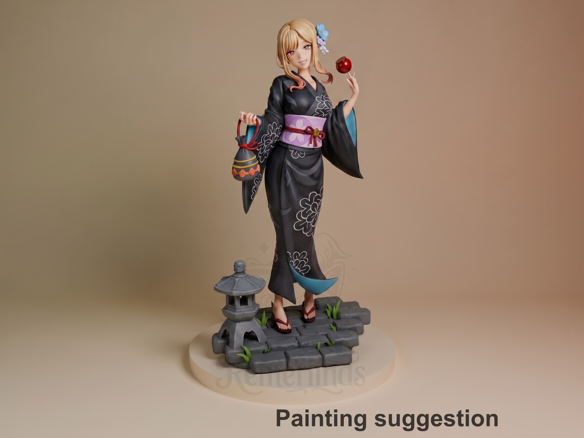 Three-quarter painted resin figure of Marin Kiragawa from Dress Up Darling stands in a kimono on a sculpted stone base.