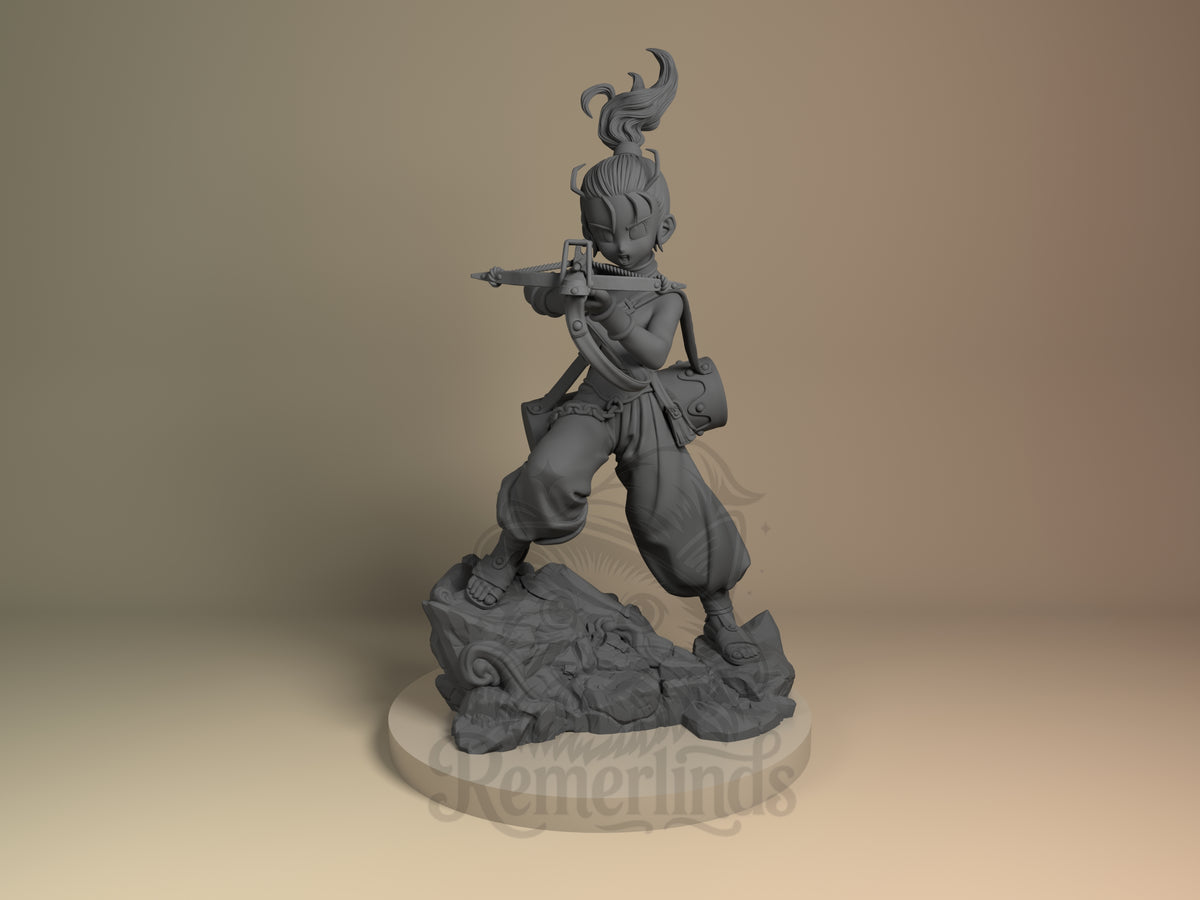 Marle Chrono Trigger 3D printed resin figure by Nomnom, unpainted front view. The figure captures Marle in a dynamic action stance balanced on a textured rocky base, holding a crossbow ready to fire. Her hair is styled in a high ponytail that flows upward, and she wears loose pants and a shoulder bag, standing barefoot. The composition emphasizes movement and readiness, with carefully detailed natural elements on the base enhancing the pose's dramatic effect.