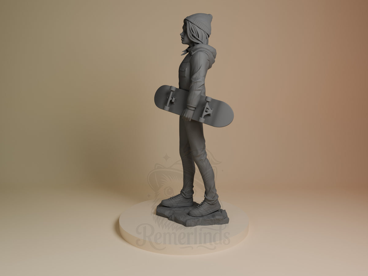 Max from Stranger Things appears in side profile as an unpainted resin figure holding a skateboard on a sculpted rocky base.