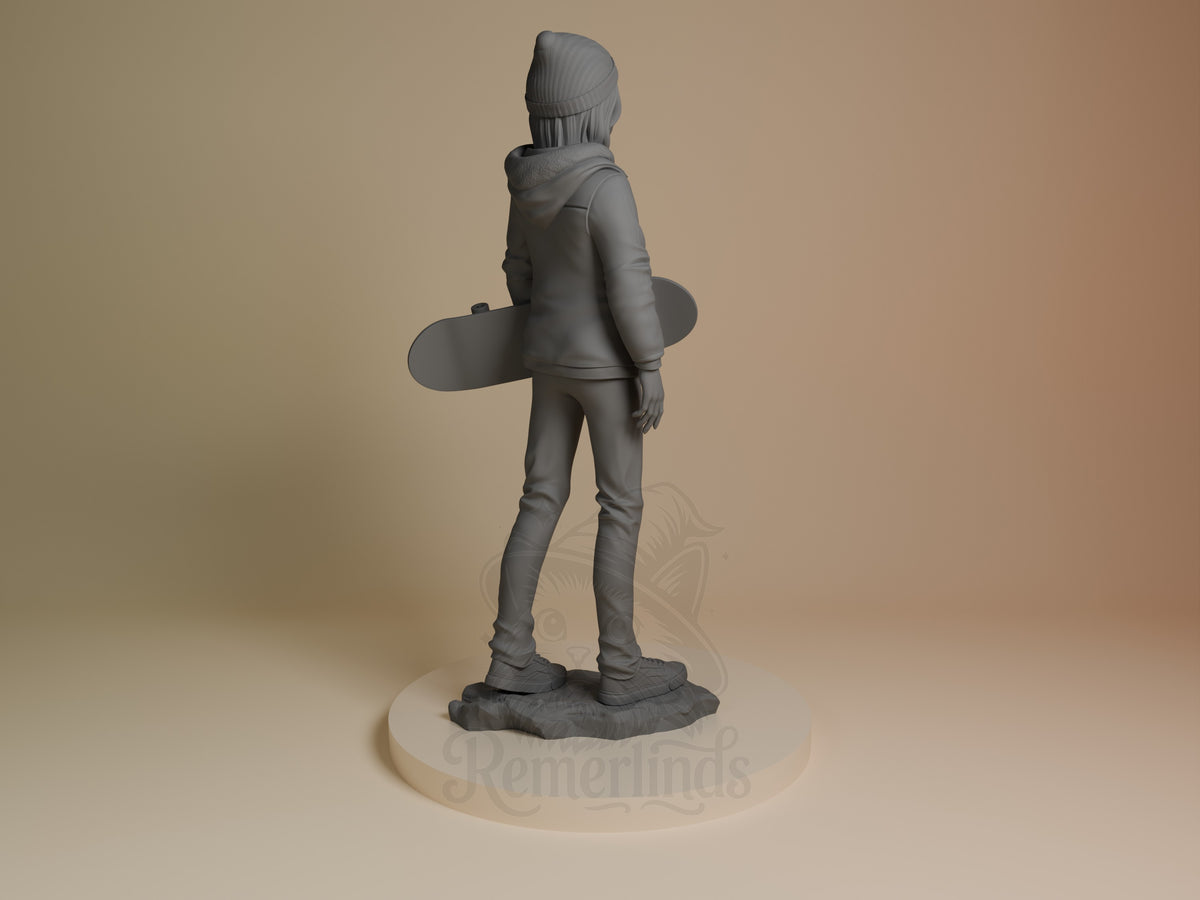 Max from Stranger Things is an unpainted resin figure viewed from behind with skateboard on a sculpted base.