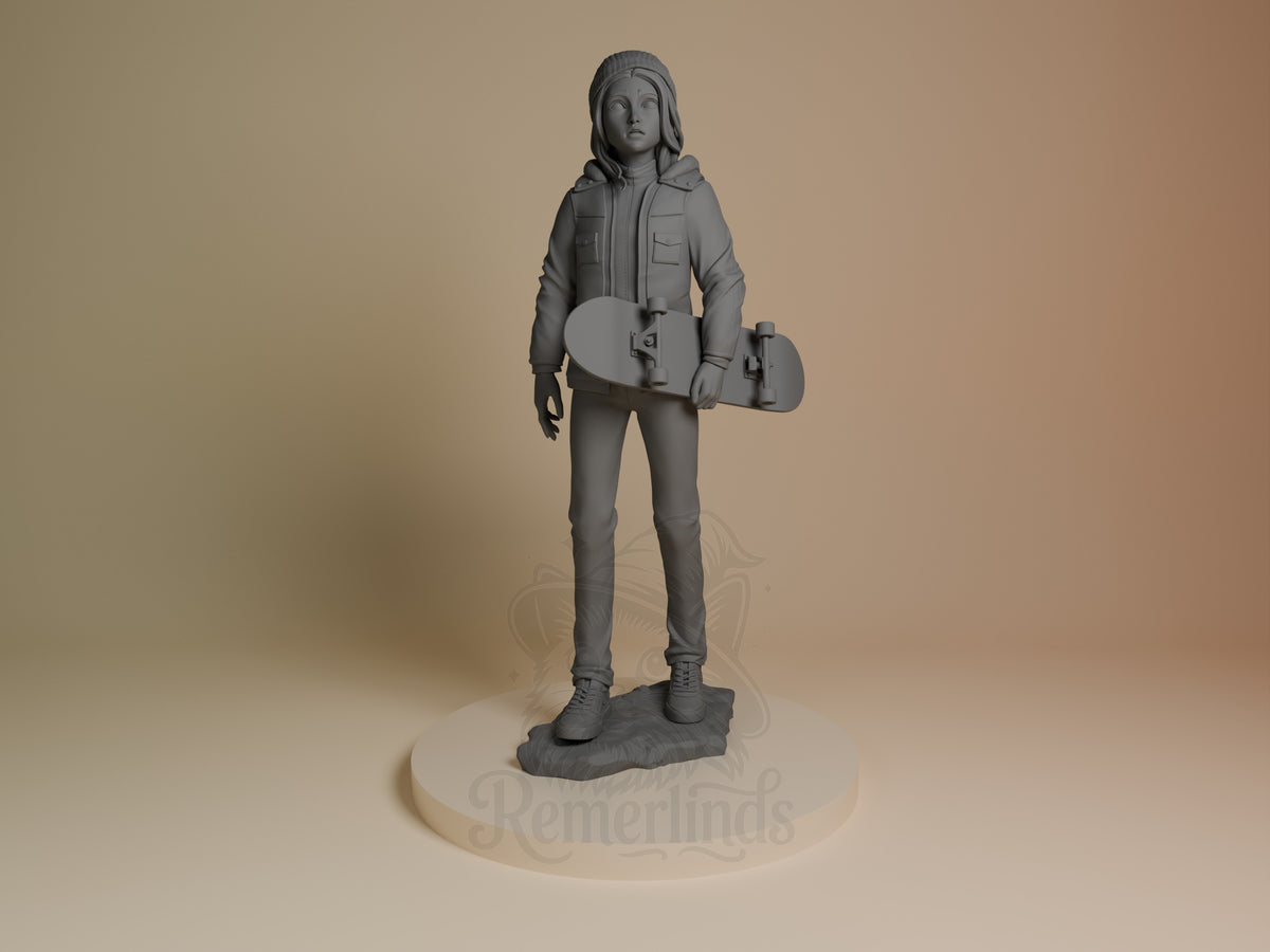 Max from Stranger Things is a front-facing unpainted resin figure holding a skateboard on a sculpted base.