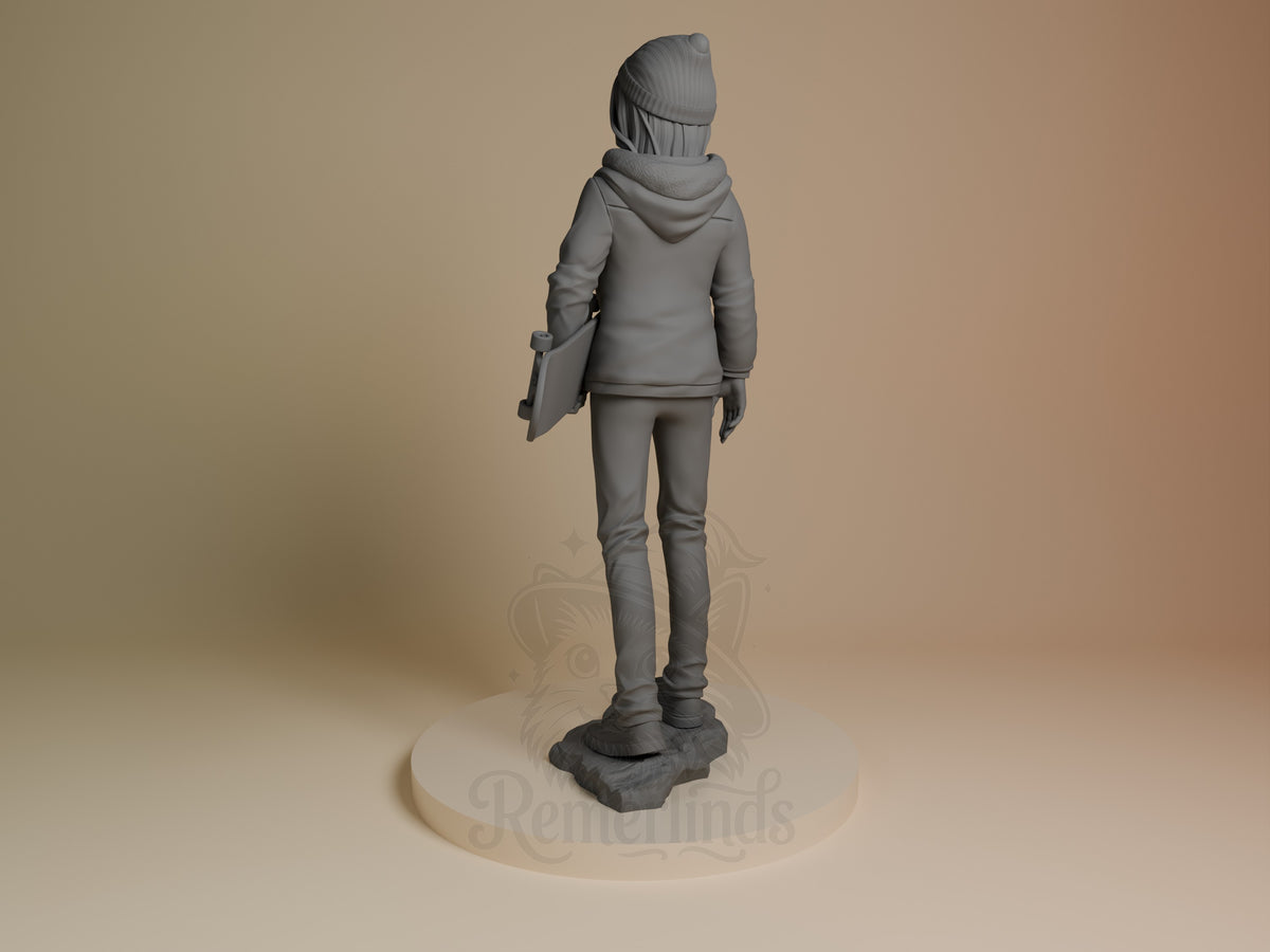 Rear view of Max from Stranger Things, an unpainted resin figure with skateboard on a sculpted base.