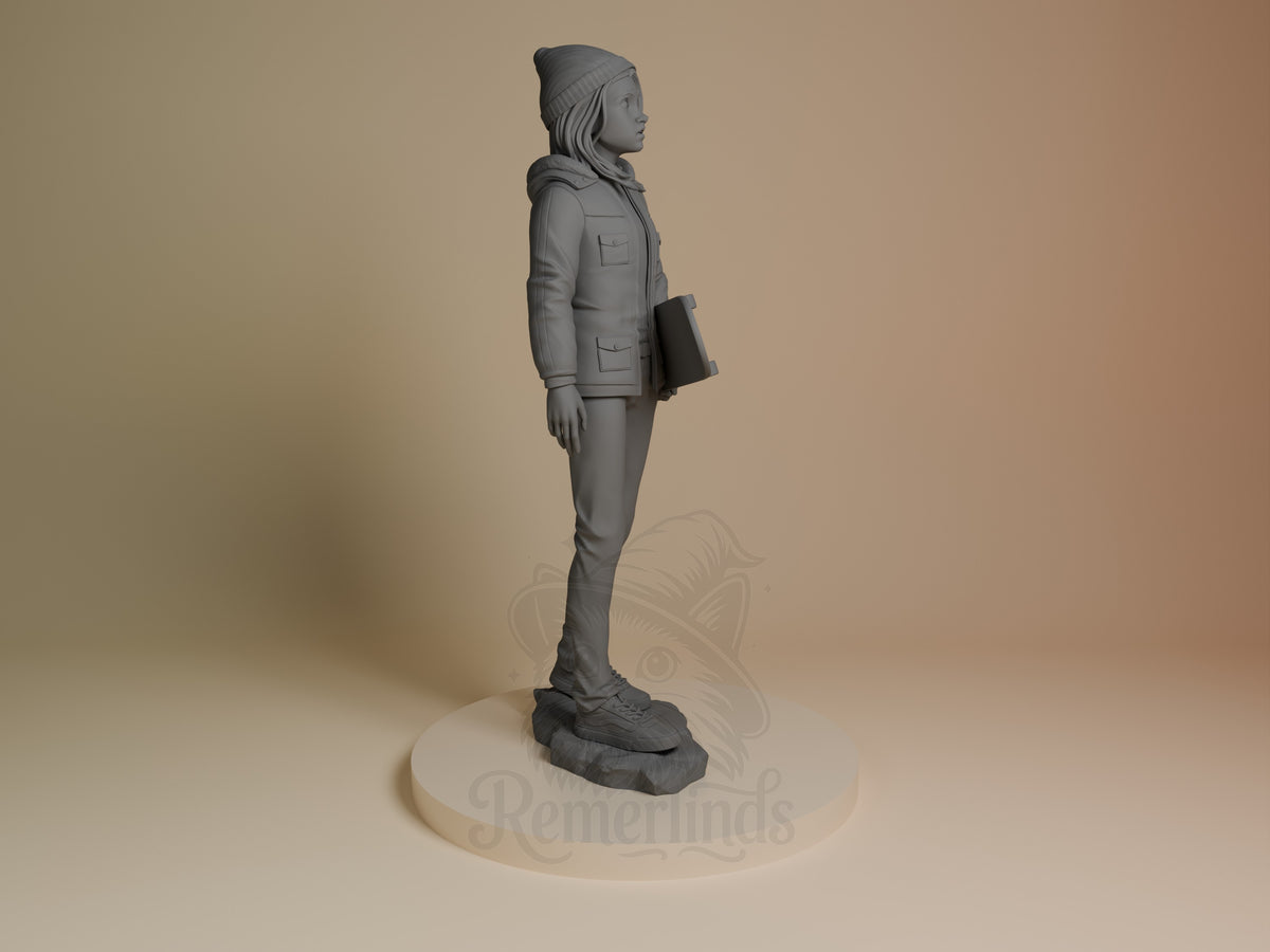 Max from Stranger Things resin figure in an unpainted side profile, holding a book on a sculpted base.