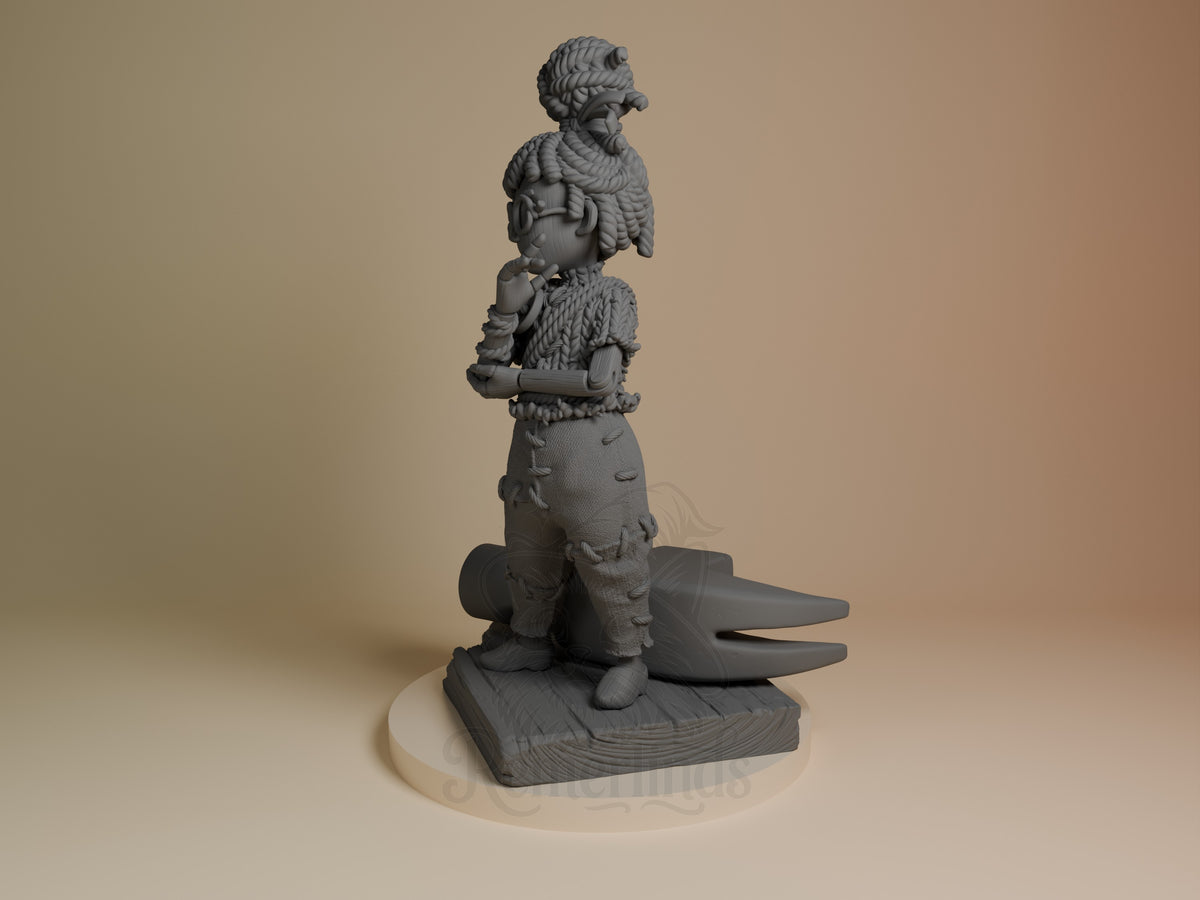 Gray resin figure of May from Two Are Needed shown from the side, standing on a rectangular base with an elephant beneath her, unpainted prototype.