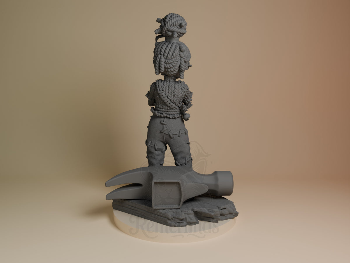 Back view of May from Two Are Needed resin figure standing on ornate base, showcasing detailed rope-textured hair and clothing sculpting.