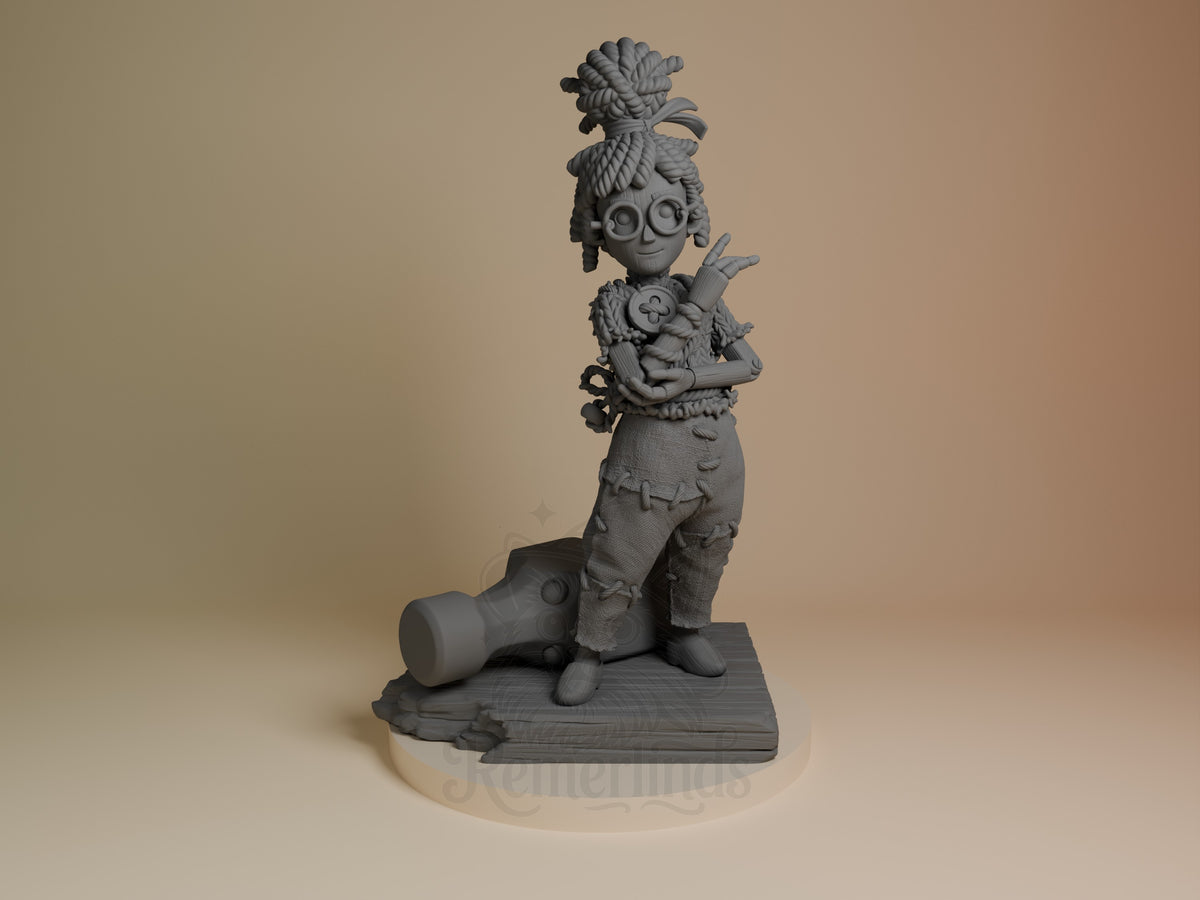 May from Two Are Needed 3D resin figure shown from front, holding a flower, with elaborate hair and clothing details on wooden base, unpainted gray finish.