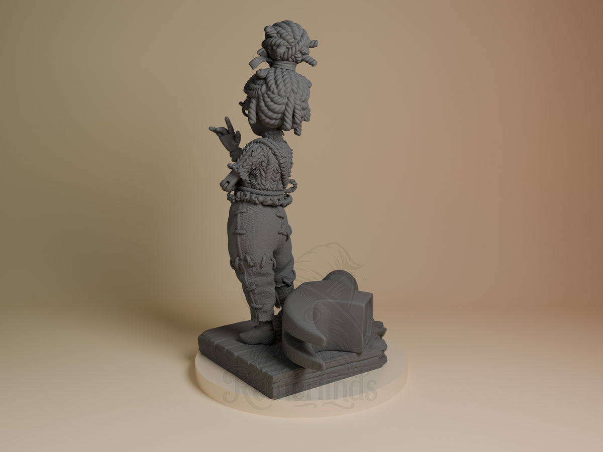 Stacked resin figure May from Two Are Needed, shown from left side angle. Unpainted gray resin with detailed sculpting, standing on rectangular base with crouching figure below.