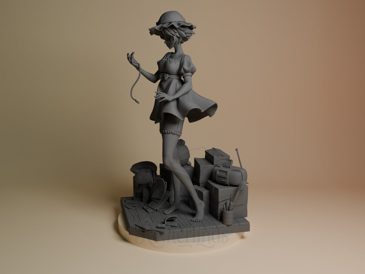 Mayuri Shiina resin figure at angle, standing on base with electronics, holding whip, unpainted gray plastic detail.
