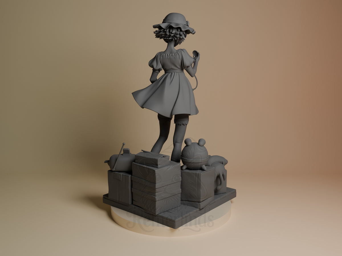 Mayuri Shiina resin figure from Steins;Gate shown from behind, standing on stacked base with toys, unpainted gray finish.