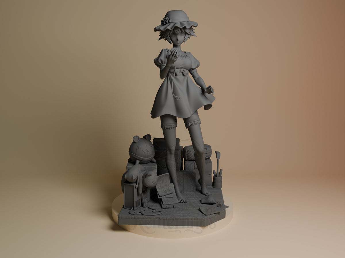 Mayuri Shiina resin figure from Steins;Gate, unpainted gray, standing on base with smaller character figures, front view.