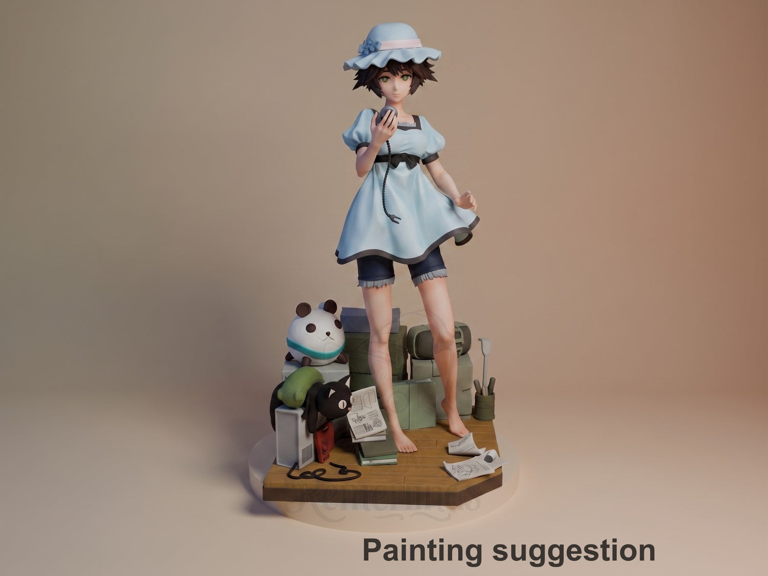 Mayuri Shiina resin figure standing on wooden base with painted microwave, cat plushies, and books, wearing blue dress and hat.