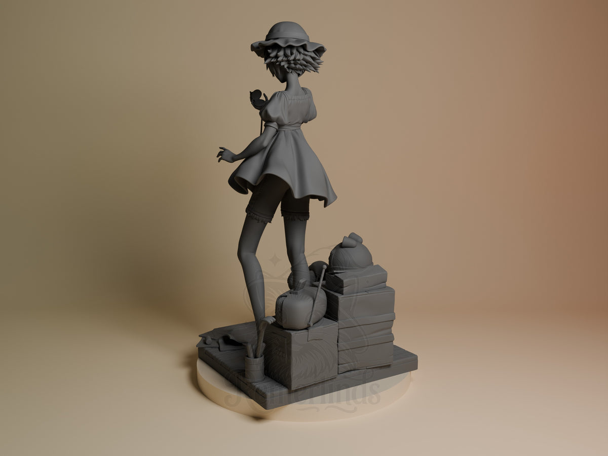 Mayuri Shiina resin figure from Steins;Gate in unpainted gray, posed standing on stacked suitcase base, shown from left angle wearing hat and dress.