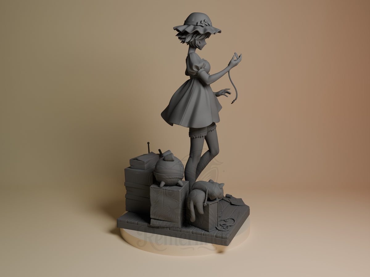 Mayuri Shiina resin figure from Steins;Gate, unpainted gray, standing on luggage base, shown from right profile angle wearing hat and dress.