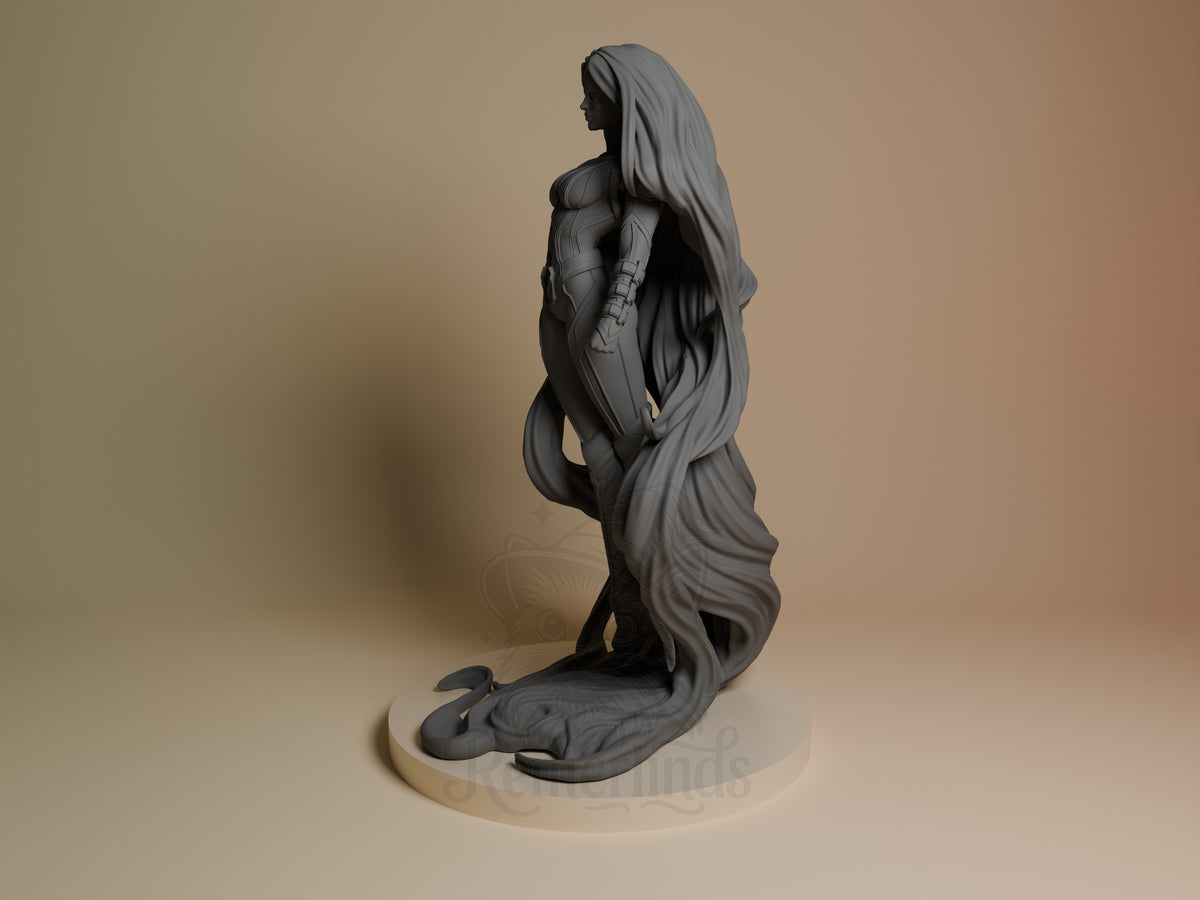Serpent Queen from Super Rivals is an unpainted resin figure in profile atop a sculpted base.