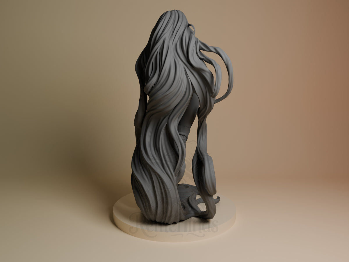 Back view shows unpainted Serpent Queen from Super Rivals resin figure, hair and tails on base.