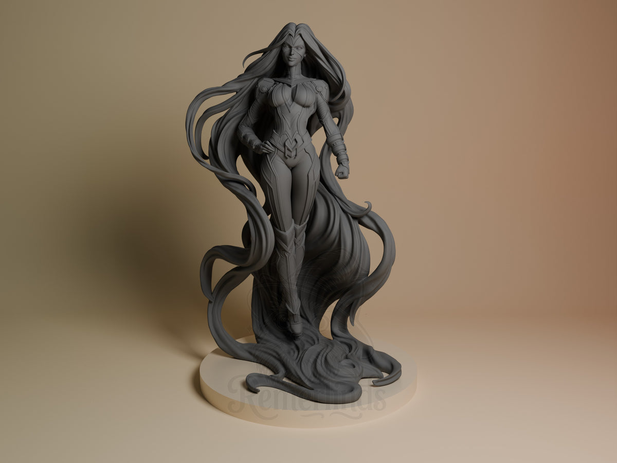 Front view shows Serpent Queen from Super Rivals, an unpainted resin figure with one hand on her hip and a sculpted base.