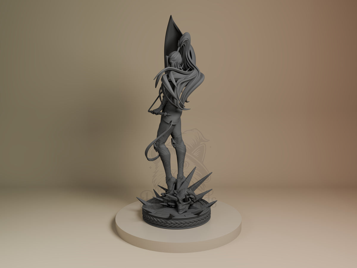 Megaera resin figure from Hades shown at an angle, displaying her winged form and flowing hair atop a decorative base, unpainted gray finish.